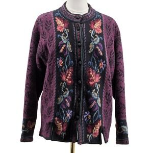 Icelandic Design Sweater Cardigan Womens M Purple Floral Lined Embroidered